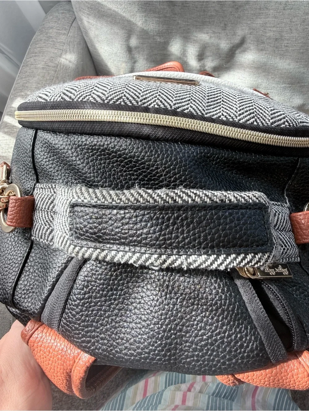 Itzy Ritzy Gray Herringbone Backpack with White & Rust Accents